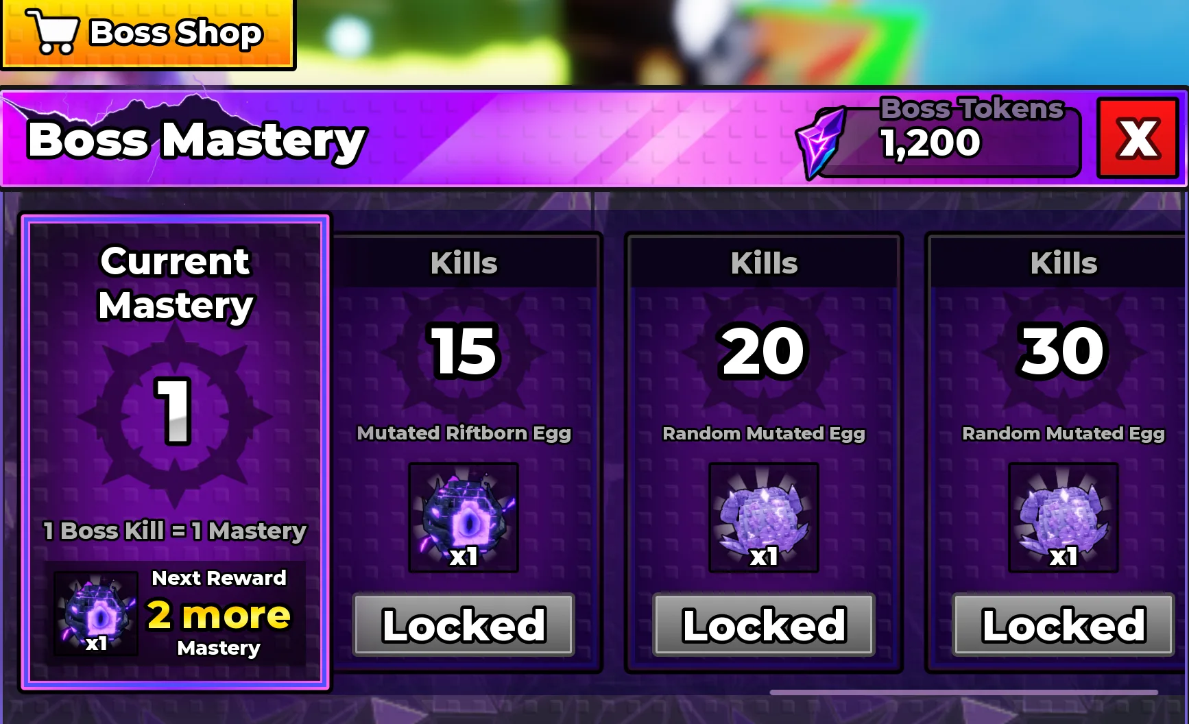 The later Boss Mastery milestone cards in Steal An Egg showing 15 kills (Mutated Riftborn Egg x1), 20 kills (Random Mutated Egg x1) and 30 kills (Random Mutated Egg x1), all Locked, with Current Mastery 1