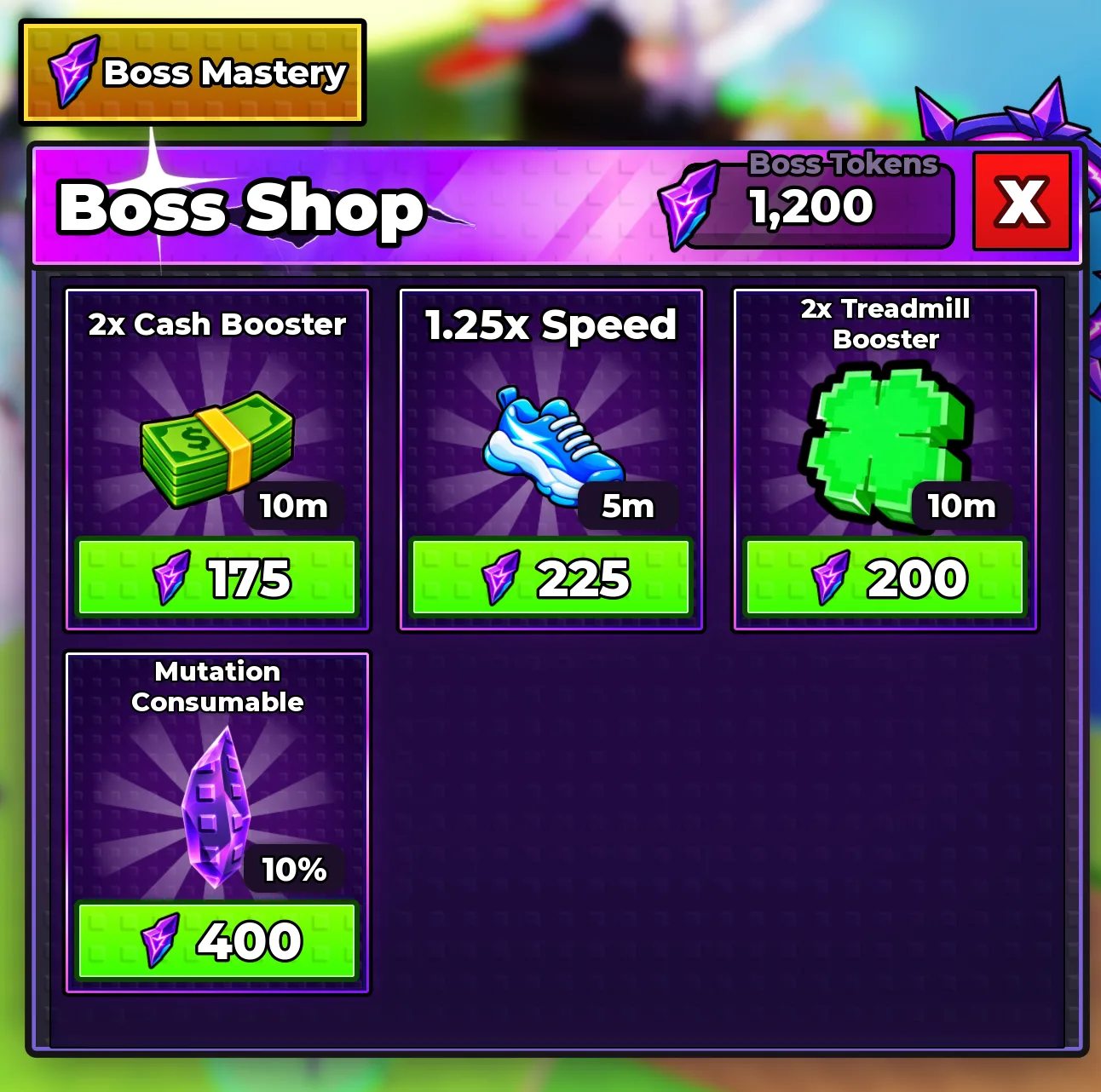 The Boss Shop in Steal An Egg showing a Boss Tokens balance of 1,200 and four items: 2x Cash Booster (10m, 175 tokens), 1.25x Speed (5m, 225 tokens), 2x Treadmill Booster (10m, 200 tokens) and Mutation Consumable (10%, 400 tokens)