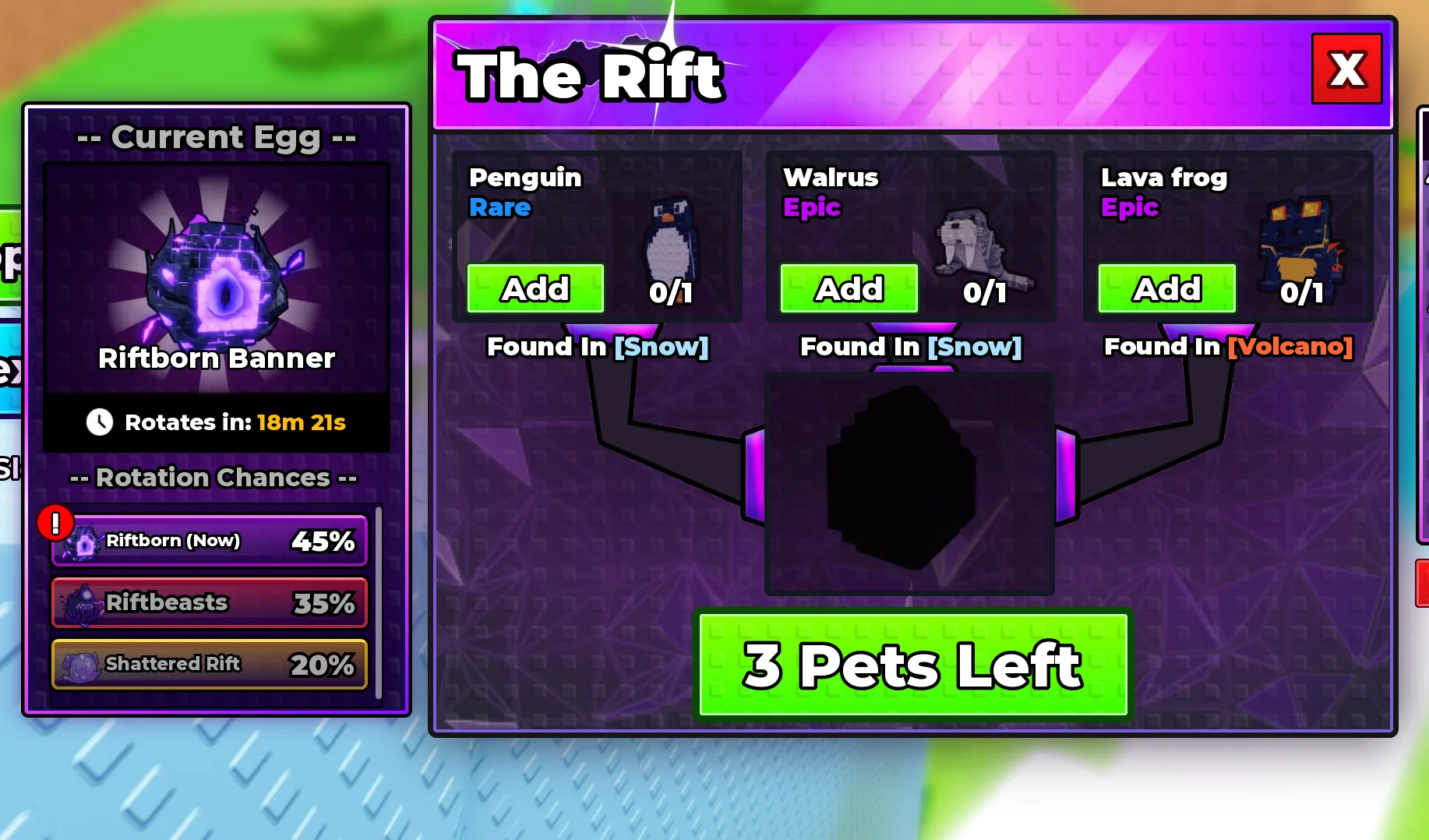 The Rift machine UI in Steal An Egg: Current Egg shows the Riftborn Banner, a rotation timer reads 18m 21s, Rotation Chances list Riftborn (Now) 45%, Riftbeasts 35% and Shattered Rift 20%, and the three requested pets Penguin, Walrus and Lava frog each have an Add button showing 0/1