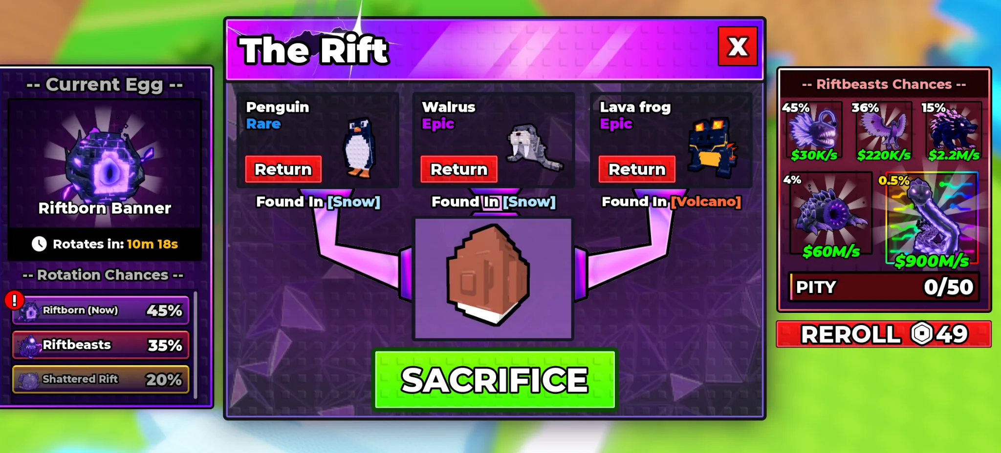 The Rift Chances panel for the Riftbeasts banner showing five pets at 45%, 36%, 15%, 4% and 0.5% with incomes from $30K/s to $900M/s, a PITY 0/50 bar, and the Current Egg still showing the Riftborn Banner