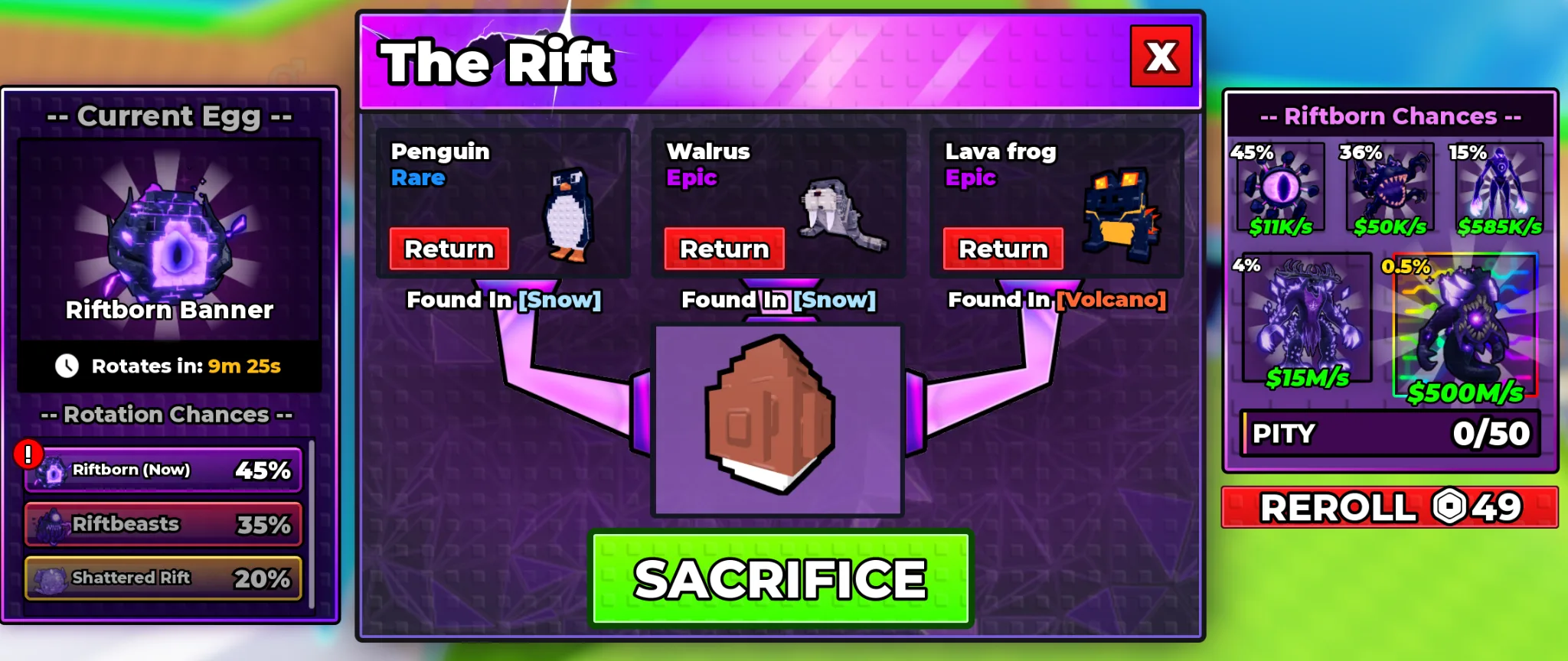 The Rift Chances panel for the Riftborn banner showing five pets at 45%, 36%, 15%, 4% and 0.5% with incomes from $11K/s to $500M/s, a PITY 0/50 bar, a REROLL button showing 49, and the SACRIFICE button ready after all three requested pets were added