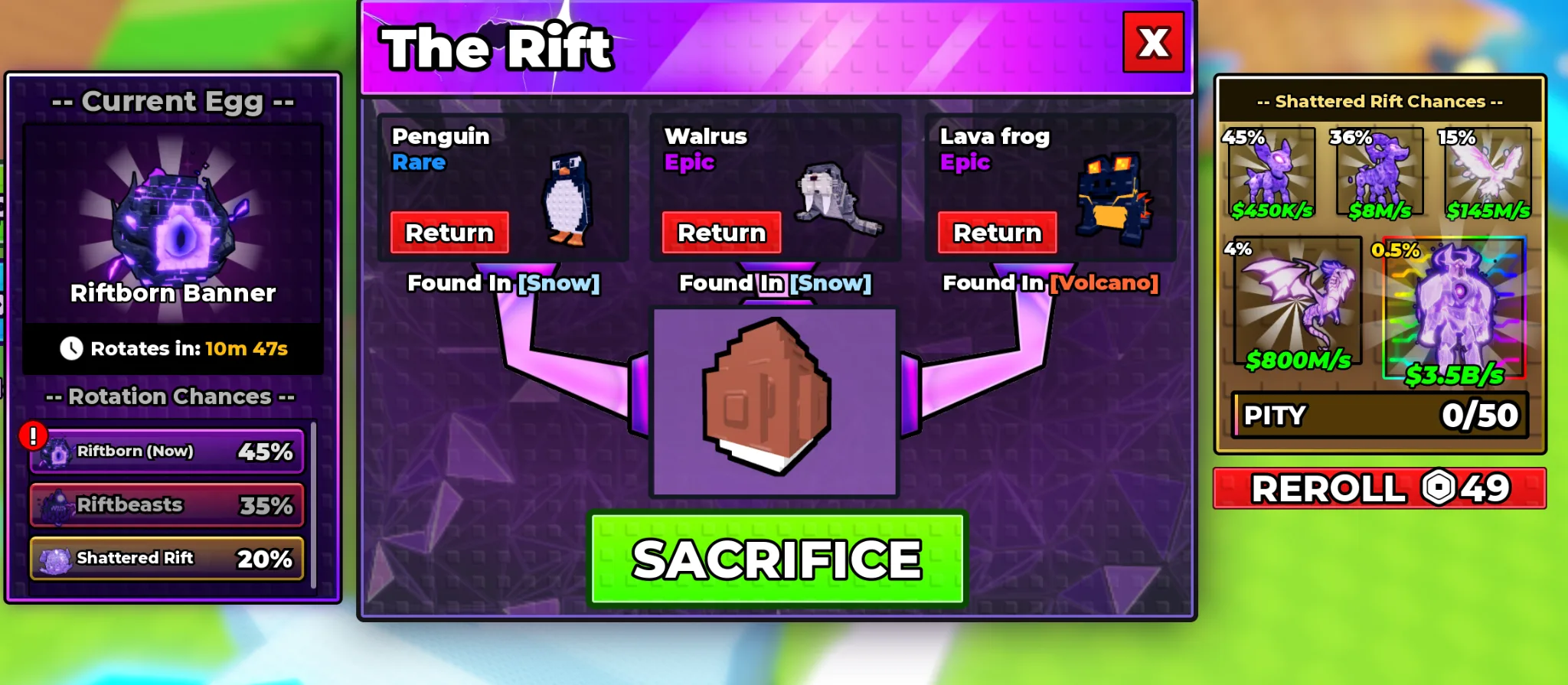 The Rift Chances panel for the Shattered Rift banner showing five pets at 45%, 36%, 15%, 4% and 0.5% with incomes from $450K/s to $3.5B/s, a PITY 0/50 bar, and the Current Egg still showing the Riftborn Banner